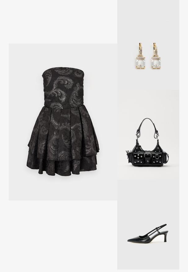 Čierne šatové šaty bez ramienok s volánovou sukňou, ktoré majú po celej ploche žakárový vzor strieborných paisley motívov. Textúrovaná tkanina, priliehavý živôtik.; Čierne patentové slingback topánky na ihlovom podpätku s špicatou špičkou, s textúrovaným hadím vzorom, nastaviteľným popruhom a krátkym, textúrovaným blokovým podpätkom.; Čierna kožená kabelka s zakriveným dizajnom, doplnená striebornými cvočkami, prackou a dvoma bočnými vreckami. Nastaviteľný popruh poskytuje rôzne možnosti nosenia.; Náušnice v zlatej farbe, ktoré majú obdĺžnikový, transparentný kryštál visiaci pod radom malých, guľatých, čírych akcentov. Elegantný, moderný dizajn.