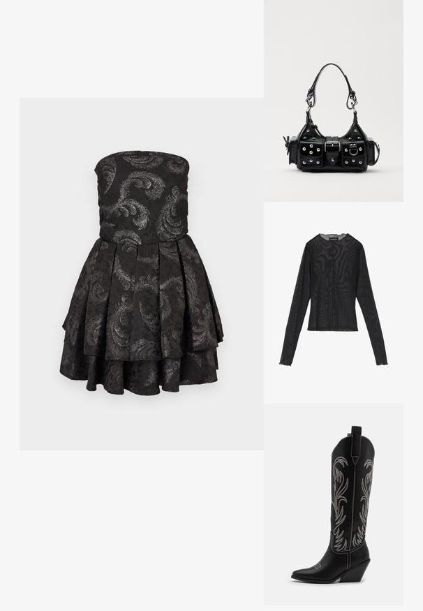 Vestido preto sem mangas com saia em camadas, apresentando um padrão jacquard de motivos prateados em estilo paisley por todo o vestido. Tecido texturizado, corpete ajustado.; Top preto de manga longa feito de tecido transparente, apresentando um decote redondo, fecho de botões na frente e bordas em forma de onda nas mangas.; Botas de cowboy em couro preto com bicos pontiagudos, saltos em cunha e padrões florais bordados em prata ao longo do cano. Costura de contraste por toda a parte.; Bolsa de couro preta com um design curvado, apresentando tachas prateadas, uma fivela e dois bolsos laterais. Alça ajustável para opções de transporte.