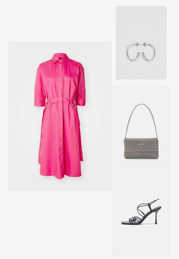 HUGO KITERINA - Kreklkleita - bright pink; Melnas augstpapēžu sandales ar plāniem siksniņām un mezgla dizainu, gluda kvadrātveida purngalu un elegantu stiletto papēdi.; Gaiši pelēka metāla rokassoma ar ķēdes siksnu, rotāta ar mazām apaļām metāla kniedēm un trīsstūra zīmola logo.; Sudraba riņķveida auskari ar gludu, spīdīgu apdari. Apaļas formas, viegla dizaina, ar aizdari uz stieples.