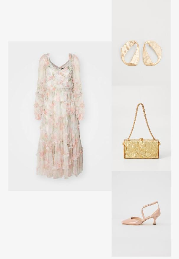 Needle & Thread IMMORTAL ROSE MAEVE LONG SLEEVE BALLERINA DRESS - Oblečenie na špeciálnu príležitosť - moonshine; Casadei CHARLOTTE TIFFANY - Klasické lodičky na opätku - sand; Zlatá kabelka s pokrčenou textúrou, s obdĺžnikovým tvarom, disponujúca reťazovým popruhom a zapínaním na vrchu. Hladký, lesklý povrch.; Pár nepravidelných oválnych zlatistých kovových náušníc s textúrovaným, mierne rozbitým povrchom na bielom pozadí.