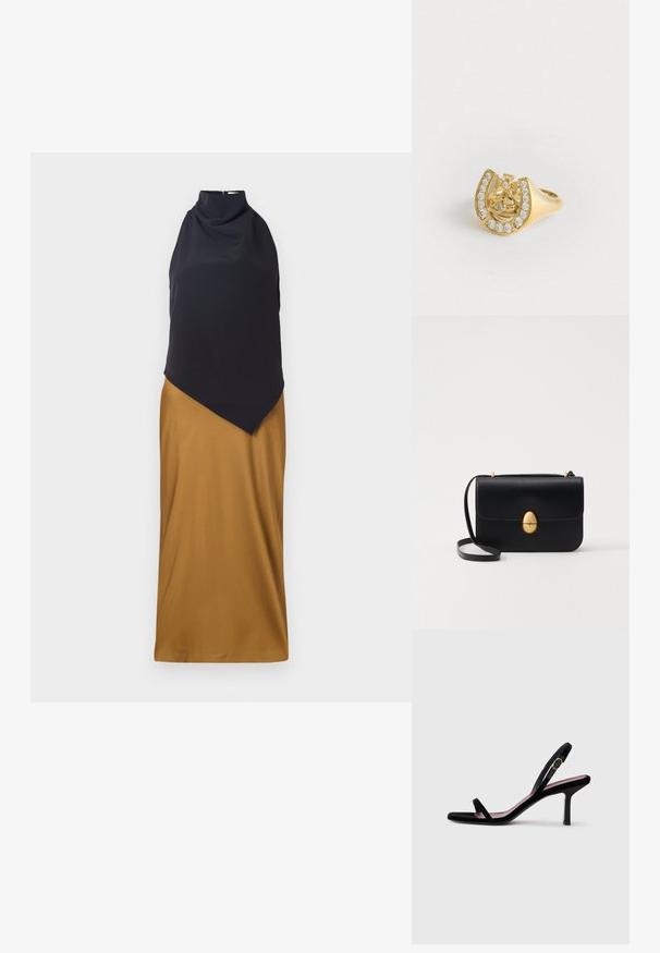 Ujjatlan ruha magas gallérral. Fekete felsőrésze és mustár sárga szoknyája van, aszimmetrikus szegéllyel és sima textúrával.; Fekete velúr női magassarkú szandál slim pántokkal és arany csattal, fehér háttér előtt, oldalnézetben.; Fekete bőr kézitáska, struktúrált, téglalap alakú formával. Arany ovális kapoccsal és vékony vállpánttal rendelkezik. Sima textúrájú.; Arany gyűrű, a belsejében koronával és patkómintával, apró, tiszta drágakövekkel díszítve, fehér háttér előtt.