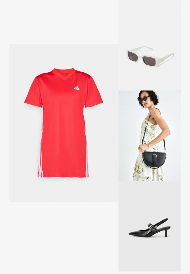 Piros sportruha rövid ujjakkal, V-nyakkivágással, sima anyagból készült; fehér oldalsávokkal és egy kis fehér logóval a mellkasán.; Fekete lakkbőr slingback sarkú cipők hegyes orral és kis blokk talppal, ezüst csat díszítéssel a pánton.; VOGUE Eyewear Napszemüvegek - full ivory/black smoke; Fekete bőrtáska ívelt formával, levehető pánttal és arany színű fémrészekkel. A táskán egy csattal díszített fedél található.