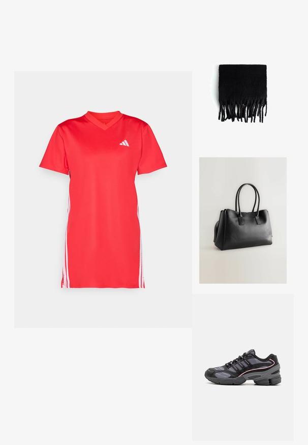 Punainen urheiluasu, jossa on lyhyet hihat, V-pääntie, valmistettu sileästä materiaalista; siinä on valkoiset sivusuorat ja pieni valkoinen logo rinnassa.; Mustat ja harmaat urheilukengät, joissa on verkkomaisia paneeleita, vaaleanpunaiset korostusviivat ja paksu pohjarakenne. Varustettu nauhoilla ja teksturoiduilla materiaalitiedoilla.; Mustat tupsulliset huivi, joka on valmistettu pehmeästä, villamaisesta materiaalista. Sen alaosassa on pitkät, epätasaiset tupsut. Suorakulmainen muoto.; Musta tekonahkainen olkalaukku, jossa on kaksinkertaiset pitkät kahvat, rakenteellinen muoto, sileä pinta ja minimalistinen muotoilu. Ei näkyvää metalliosaa tai koristeita.