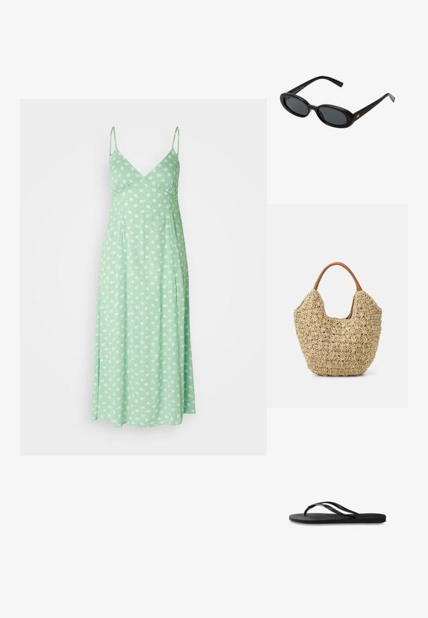 Svijetlo zelena haljina od mekog materijala, s podešavanim trakama na ramenima i cvjetnim uzorkom s bijelim cvjetovima. A-linija siluete.; Crne japanke s teksturiranom gumenenom potplatom, dva uska remena i suptilnim, urezanim logom na remenu.; Crne velike sunčane naočale s ovalnim staklima, glatkim plastičnim okvirom i zlatnim detaljima na sljepočnicama. Tamna stakla pružaju zaštitu od sunca.; Tkana torba od trave s prirodnom teksturom i mekanim, organskim oblikom, s smeškim kožnim ručkama za lakše nošenje.