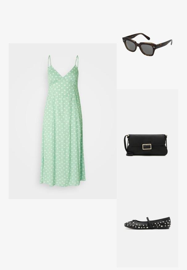 Jasnozielona sukienka wykonana z miękkiego materiału, z regulowanymi ramiączkami i kwiatowym wzorem z białymi kwiatami. Sylwetka w kształcie litery A.; Czarne baleriny wykonane ze skóry, z ozdobnymi srebrnymi ćwiekami. Posiadają pasek na podbiciu oraz okrągły czubek.; Prostokątne okulary słoneczne z oprawką z plastiku w stylu żółwia, ciemnymi soczewkami i srebrnymi akcentami po bokach. Wyprodukowano we Włoszech.; Czarna skórzana torebka kopertowa z klapką i detalem w postaci złotej metalowej klamry. Zawiera czarny pasek oraz elegancki, minimalistyczny design.