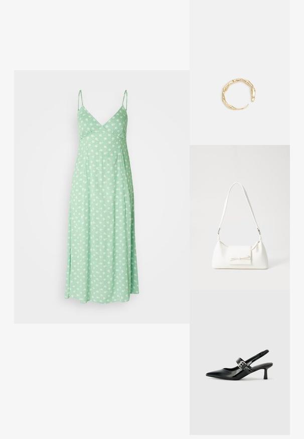 Šviesiai žalia suknelė, pagaminta iš minkštos medžiagos, su reguliuojamomis spaghetti petnešėlėmis ir gėlėmis, ant kurių yra baltų gėlių raštas. A formos siluetas.; Juodai lakuoti slingback aukštakulniai su smailiu kojų pirštu ir mažais blokiniais kulniukais, su sidabro sagtimi ant dirželio.; Balta sintetinė rankinė trikampio formos, plokščiu priekiu su užsegimu, kaspino detale, reguliuojama dirželiu, lygia tekstūra ir minimalistišku dizainu.; Auksinės spalvos žiedas, turintis organišką, sukimosi dizainą su lygiu paviršiumi ir siaurėjančiais galais, sukuriantis modernią skulptūrinę išvaizdą.