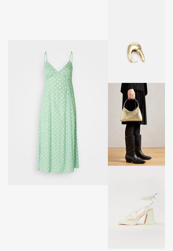 Világoszöld, puha anyagból készült ruha, állítható pántokkal és fehér virágmintával. A-vonalú sziluett.; Fehér, magassarkú szandál vastag sarokkal, pántos dizájnnal és bokapánttal. Sima textúra, elülső platformmal a megnövelt magasság érdekében.; Arany textúrájú kézi táska, ívelt formával és rövid pánttal, amelyet egy fekete pliszírozott szoknyát és fekete bőr cowboy csizmát viselő személy tart.; Aranyszínű fém fülbevaló, elegáns, ívelt formával. Különleges hegyes alak, fényes felszín és zsanéros záródás jellemzi.