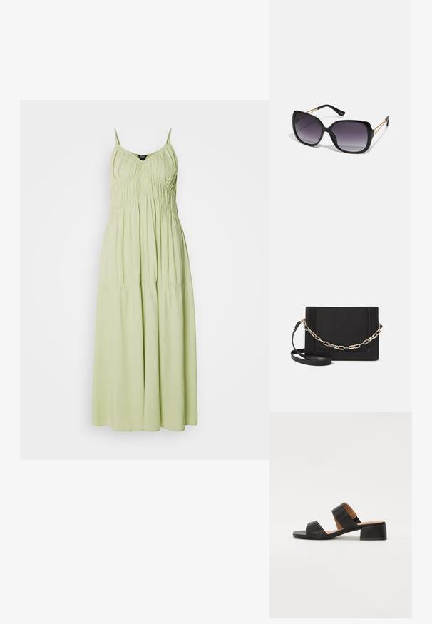 Svijetlo zelena duga haljina s tankim naramenicama, naboranim dekolteom i lepršavom suknjom. Izrađena od mekog materijala s glatkom teksturom.; Crne kožne sandale s dva široka remena preko stopala, kvadratnim vrhom i niskom blok petom. Glatka tekstura i minimalistički dizajn.; Crne prevelike sunčane naočale s gradijentnim lećama, debelim okvirom i zlatnim lancem kao detaljem na krakovima.; Crna kožna torba preko tijela s glatkom teksturom, pravokutnim oblikom i metalnim lancem na prednjoj strani. Uključena je podesiva naramenica.