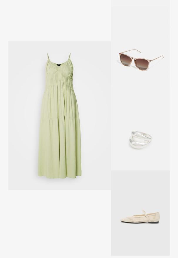 Gaiši zaļš garš kleita ar plānām siksnām, veidotām krūšu daļām un plūstošu svārku. Izgatavota no mīksta auduma ar gludu tekstūru.; Bēža baleta kurpes ar smailu purngalu, pārklātas ar sietu, un ar sānu sprādzi. Plakana zole ar gludu tekstūru.; Brūna gradienta saulesbrilles ar caurspīdīgu rozā rāmi, kvadrātveida forma un plānas metāla kājas. Iespējamās noapaļotas malas un minimāls dizains.; Sudraba divu joslu gredzens ar gludu, pulētu virsmu. Iezīmējas ar plūstošu, izliekta dizaina struktūru ar pārklājošām sekcijām modernam izskatam.