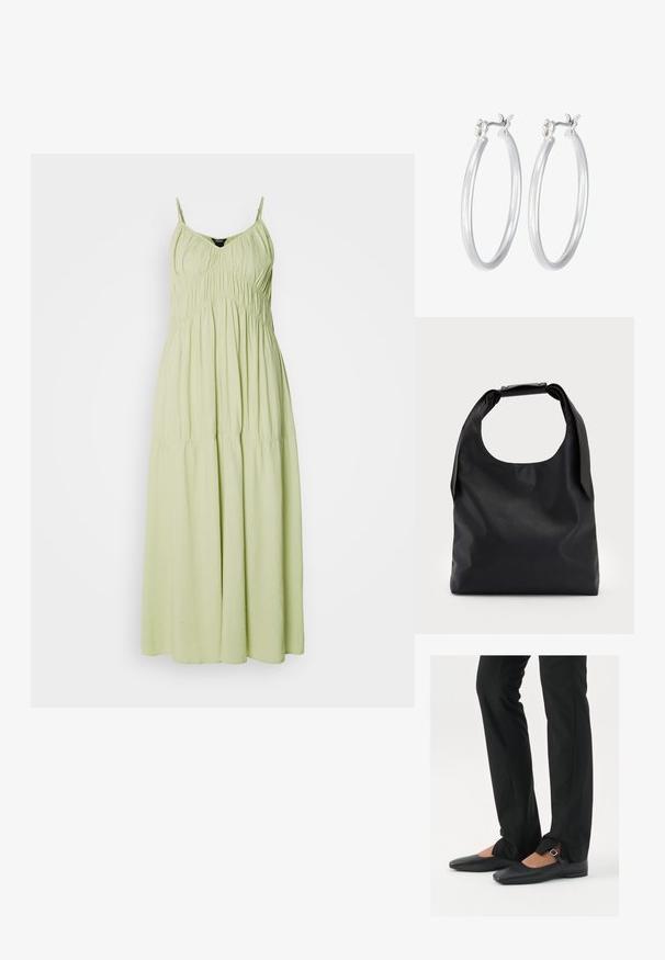Svetlozelené dlhé šaty s tenkými ramienkami, s naťahovaným korzetom a splývavou sukňou. Vyrobené z jemnej látky s hladkou štruktúrou.; Čierne kožené baletky s špicatou špičkou, remienkom so striebornou prackou, skombinované s čiernymi strihovými nohavicami so rozparkom na leme.; Čierna kožená hobo taška s jedným mäkkým, zaobleným uchom; má hladkú textúru a minimalistický dizajn. Žiadne viditeľné kovanie ani akcenty.; Strieborné kruhové náušnice s hladkým, lesklým povrchom. Kolový tvar a bezpečné klikanie na uzatváranie. Ľahký dizajn vhodný na každodenné nosenie.