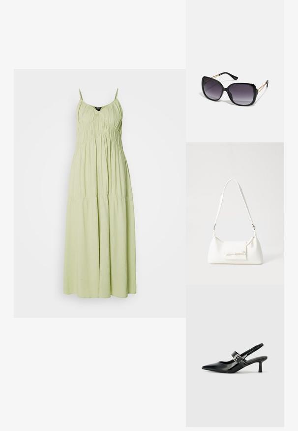 Vestido longo verde claro com alças finas, corpete drapeado e saia fluida. Feito de um tecido macio com uma textura suave.; Saltos slingback em verniz preto com bico pontiagudo e um pequeno salto bloco, apresentando um detalhe de fivela prateada na tira.; Óculos de sol oversized pretos com lentes degradê, armações grossas e detalhes em corrente dourada nas hastes.; Mala sintética branca com formato triangular, aba frontal plana e detalhe de laço, alça ajustável, textura suave e design minimalista.