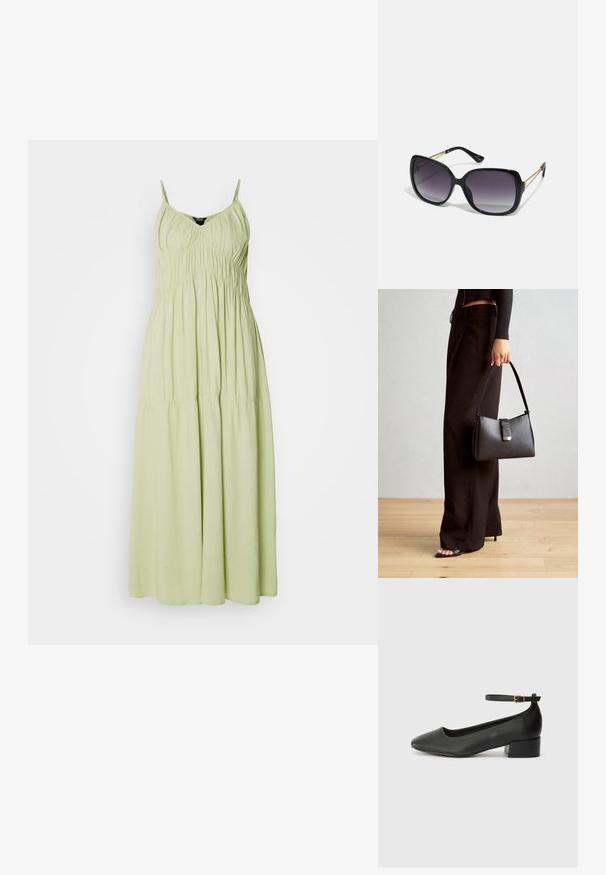 Rochie lungă verde deschis cu bretele subțiri, cu un corset plisat și o fustă fluidă. Fabricată dintr-un material moale, cu o textură fină.; Pantof cu toc negru din piele, cu vârf ascuțit și toc mic pătrat. Dispune de o curea la gleznă cu o cataramă în tonuri de aur. Textură netedă.; Ochelari de soare negri, supradimensionați, cu lentile degradate, rame groase și detalii cu lanț de ton auriu pe brațele templului.; Genți negre cu o formă structurată, textură netedă și un închizător metalic. Asortată cu pantaloni negri largi și sandale cu vârf deschis pe un podea din lemn.