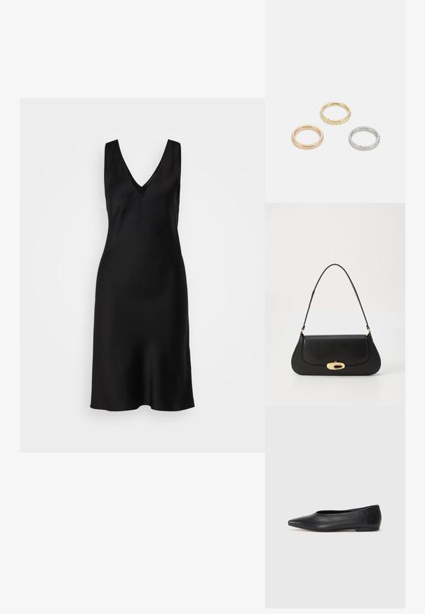 Zwarte mouwloze jurk met een diepe V-halslijn, een gladde satijnen textuur en een relaxed fit, die iets taps toeloopt aan de onderkant.; Zwarte leren balletflat, puntige neus, minimalistisch design, gladde textuur, lage hak, geen zichtbaar beslag of versieringen.; Zwarte leren handtas met een gebogen ontwerp, goudkleurige accenten en een bovenhandvat. Heeft een strakke sluiting en een gladde textuur.; Drie metalen ringen: één roségoud, één goud met een gestructureerd accent en één zilver, allemaal met gegraveerde branding aan de binnenzijde.
