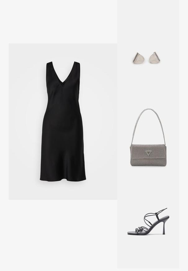 Vestido negro sin mangas con escote en V profundo, textura de satén suave y corte holgado, que se ajusta ligeramente en el dobladillo.; Las sandalias negras de tacón alto presentan finas correas con un diseño anudado, una punta cuadrada suave y un elegante tacón de aguja.; Bolso de mano metálico gris claro con una cadena como asa, adornado con pequeños remaches metálicos circulares y un logotipo de marca en forma triangular.; Pendientes de metal plateado con una forma suave de lágrima y un acabado pulido. Grabados sutiles añaden detalle. Diseño minimalista.