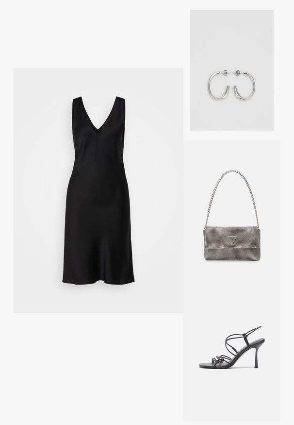 Musta ilmanhihaista mekkoa syvällä V-kaula-aukolla, sileällä satiinipinnalla ja rentoutuneella istuvuudella, joka kapenee hieman helmasta.; Mustat korkokengät sandaalit, joissa on ohuet hihnat solmittuna, sileä neliön muotoinen varvasosa ja tyylikäs stiletto-korko.; Vaalea harmaa metallinen käsilaukku, jossa on ketjusanka. Laukku on koristeltu pienillä pyöreillä metallikoruilla ja kolmion muotoisella brändilogolla.; Hopehopeet hopehopeet hopehopeet hopehopeet, jolla on sileä, kiiltävä pinta. Pyöreä muoto, kevyt rakenne, jossa on neulakiinnitys.