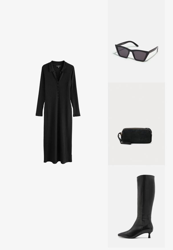 Next COLLAR DETAIL TALL - REGULAR FIT - Maksi garuma kleita - black; Zign Zābaki - black; Melni, stūrveida saulesbrilles ar pelēkiem objektīviem; izgatavotas no plastmasas, ar biezām kājām, kam ir gluda virsma un nav redzamu stiprinājumu.; Melnas zamšādas gēlu somiņa ar rāvējslēdzēju un noņemamu plaukstas siksniņu. Ar zelta tonis aparatūru un gludu, matētu tekstūru.