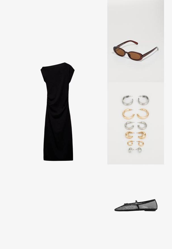 Musta polvipituinen mekko, joka on valmistettu pehmeästä kankaasta. Mekossa on olkaimeton pääntie, lyhyet hihat ja rypistytty sivudetail.; Musta verkkokuvioinen ballerinatyyppinen kenkä, jossa on kärjeltään terävä muoto ja koristelstrap, sekä huomaamaton yksityiskohta. Kenkässä on avoin verkkotyyli ja litteä pohja.; Pyöreät, ruskehtavat aurinkolasit, joissa on kiiltävä burgundinpunainen runko. Kapeat sivut, joissa on hienovarainen brändäys. Litteät linssit.; Sarjan kahdeksasta metallikorusta, joissa on hopean ja kullan sävyjä. Mukana on erilaisia renkaiden tyylejä, tekstuureja ja viimeistelyjä, järjestetty koon mukaan.