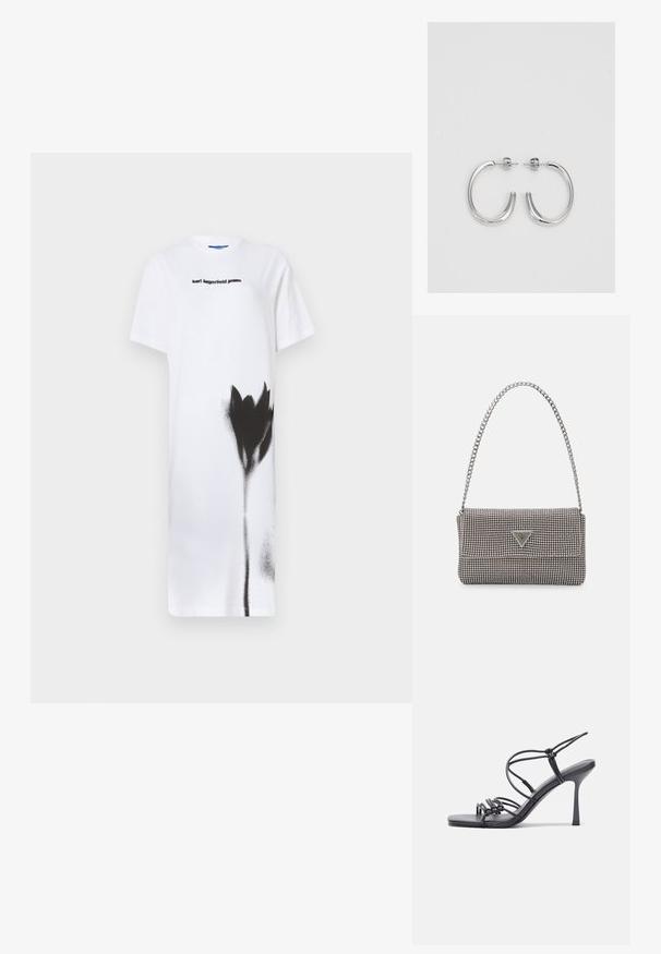 Biała sukienka z t-shirtu z czarnym, sprayowanym wzorem kwiatu. Wyeksponowane logo "karl lagerfeld jeans" w czerni, okrągły dekolt, krótkie rękawy.; Czarne sandały na wysokim obcasie mają cienkie paski z węzłowym wzorem, gładki, kwadratowy czubek i smukły obcas w stylu szpilki.; Jasnoszara metaliczna torebka na łańcuszku, ozdobiona małymi okrągłymi metalowymi ćwiekami oraz trójkątnym logo marki.; Srebrne kolczyki na biglu o gładkim, błyszczącym wykończeniu. O zaokrąglonym kształcie, lekkim designie, z zamknięciem na zatrzask.