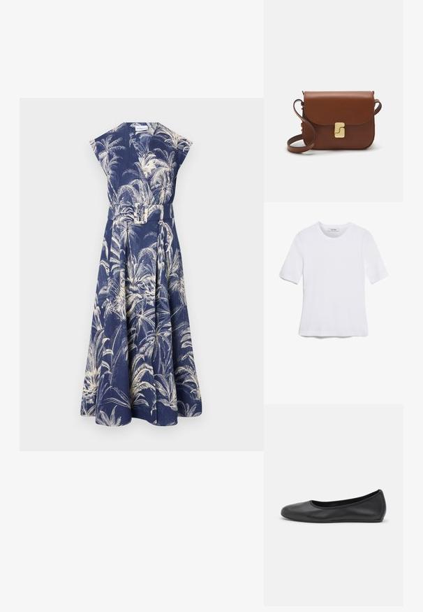 Vestido azul marinho com estampa de palmeiras tropicais, mangas em forma de manga cap e uma cintura com cinto. Feito de um tecido texturizado, apresenta uma saia evasé.; T-shirt de manga curta branca feita de tecido canelado. Decote redondo, ajuste regular e detalhes de costura subtis. Sem padrões ou gráficos.; Bailarina preta em pele com bico arredondado, textura suave, detalhe de costura minimalista e design de sola flexível.; Bolsa de couro castanho com fecho de aba, decoração em tom dourado, alça de ombro e textura suave. Formato retangular compacto.