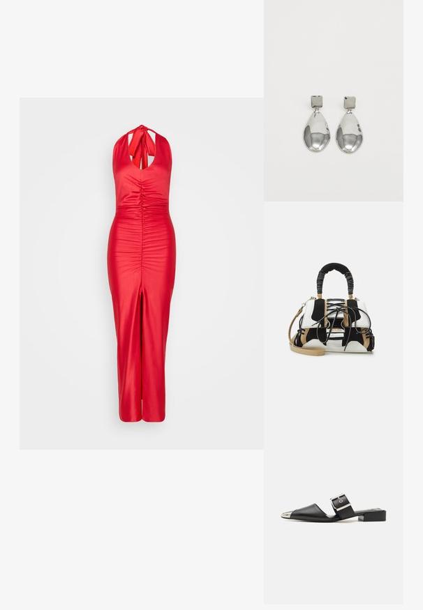 Crvena halter haljina napravljena od glatkog materijala, s nabranim detaljima na korzetu i prorezom sprijeda. Prilagođen silueta s sleek dizajnom.; Crne kožne sandale s šiljastim prstom, metalik srebrnim vrhom i podesivim remenom s kopčom. Ravni blok peta za potporu.; Višebojna torba s crnom, bijelom i bež mrežom. Ima teksturiranu ručku, dizajn svezivanja i odvojivi remen za rame.; Srebrne naušnice u obliku kapi s kvadratnom kopčom, koji imaju glatku, sjajnu završnu obradu i oblik suze, odražavajući svjetlost s sjajnom površinom.