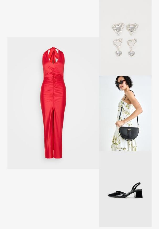 Červené šaty s halter krkem vyrobené z hladké tkaniny, s nařaseným detailem na vršku a předním rozparkem. Přiléhavý silueta s elegantním designem.; Černé lakované kožené lodičky na pásku s špičatou špičkou a geometrickým blokovým podpatkem. Vyznačují se elegantním, minimalistickým designem a hladkým povrchem.; Černá kožená kabelka s křivkovým tvarem, odnímatelným popruhem a zlatými detaily. Kabelka má klopu s přezkou.; Stříbrné náušnice ve tvaru srdce mají fasetované průhledné kameny a texturovaný rám. Sada zahrnuje styl pecek a visacích náušnic.
