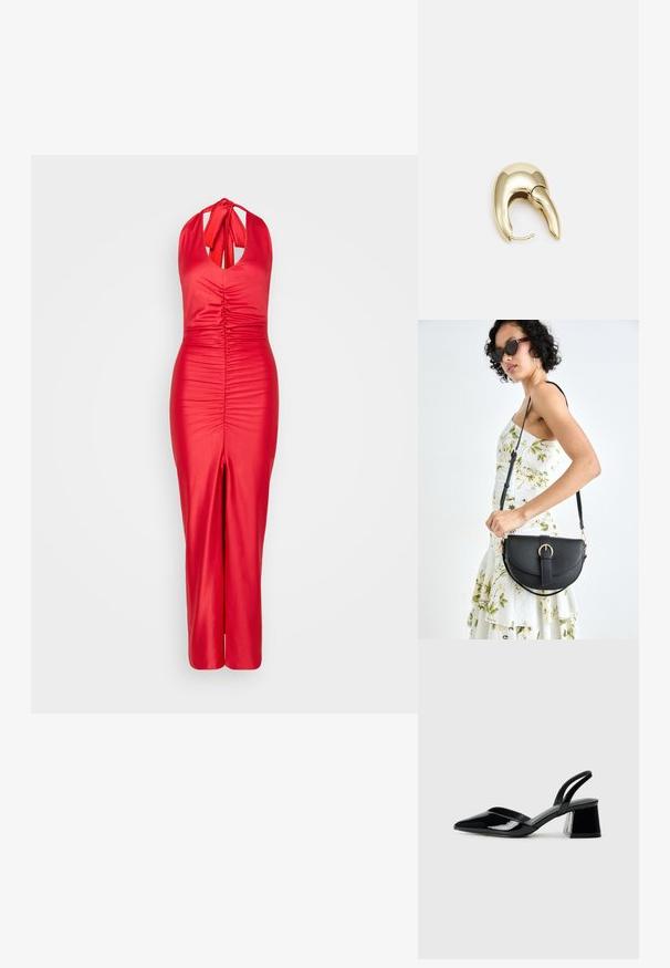 Sarkanais halter kakla kleita, kas izgatavota no gludas auduma, ar savelkuma detaļām pie ķermeņa un priekšējo iegriezumu. Pieguļoša silueta ar elegantu dizainu.; Melna lakota āda ar atvērto papēdi, ar smailu purngalu un ģeometrisku blokpapēdi. Iezīmējas elegants, minimāls dizains un gluda tekstūra.; Melnas ādas rokassoma ar izliekta formu, noņemamu siksnu un zelta aksesuāriem. Somai ir vāciņš ar sprādzes detaļu.; Zeltīti metāla auskari ar gludu, izliekta dizaina. Ar atšķirīgu smailu formu, pulētu virsmu un eņģu aizdari.