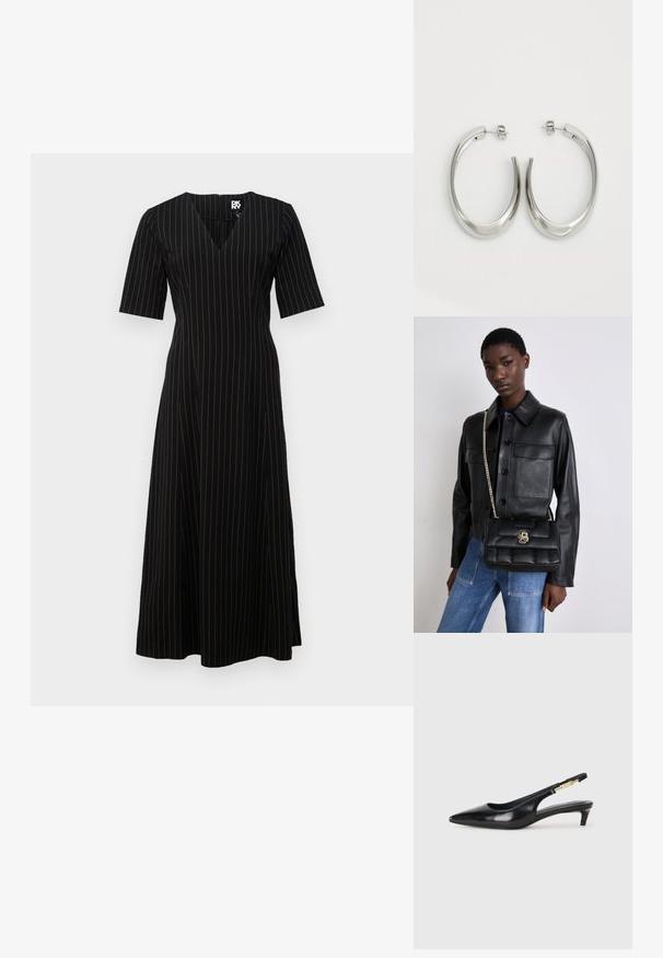 Sorte midi-kjole med V-hals, korte ermer og vertikale striper i gull. Laget av myk stoff, med en tettsittende bodice og flytende skjørt.; Sorte lærreim hæler med spiss tå, som har en slank hæl og en gullfarget detalj på den justerbare stroppen. Glatt tekstur.; Svart skinnjakke med knappelukking og to frontlommer, sammen med en svart kviltet håndveske med gullspenne og kjedehank.; Sølvøreringer med en jevn, buet design. Har en blank metallisk finish og en studlås. Ingen synlige mønstre eller aksenter.