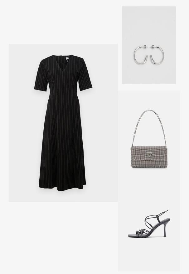 Juodas midi suknelė su V formos iškirpte, trumpomis rankovėmis ir vertikaliomis aukso juostelėmis. Pagaminta iš švelnios medžiagos, turinti prigludusią liemenį ir laisvą sijoną.; Juodos aukštakulnės sandalai pasižymi plonyčiais dirželiais su mazgo dizainu, lygiu kvadratiniu pirštu ir elegantišku stiletto kulnu.; Šviesiai pilka metalinė rankinė su grandinėlės dirželiu, papuošta mažais apvaliais metaliniais smeigėmis ir trikampiu prekės ženklu.; Sidabriniai lankelio formos auskarai su lygiu, blizgiu paviršiumi, išlenktos formos ir su užsegimu. Minimalistinio dizaino su moderniu apdaila.