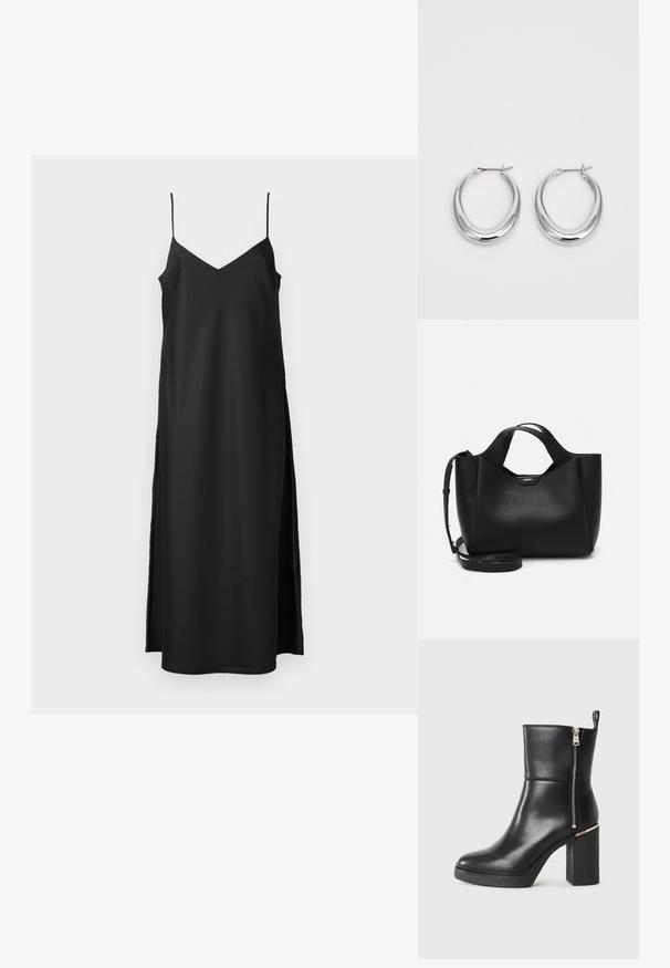 2nd Day ASTRALAS - Vestido de cóctel - meteorite black; Botín negro de tobillo hecho de cuero suave, con cremallera lateral y un tacón bloque texturizado. Diseño de deslizamiento con punta redondeada.; Bolso de mano de cuero negro con acabado texturizado, forma angular, dobles asas y una correa de hombro ajustable. Presenta un acento del logo de DKNY.; Un par de pendientes de aro en forma de media luna pulidos de plata con cierres de bisagra sobre un fondo blanco.