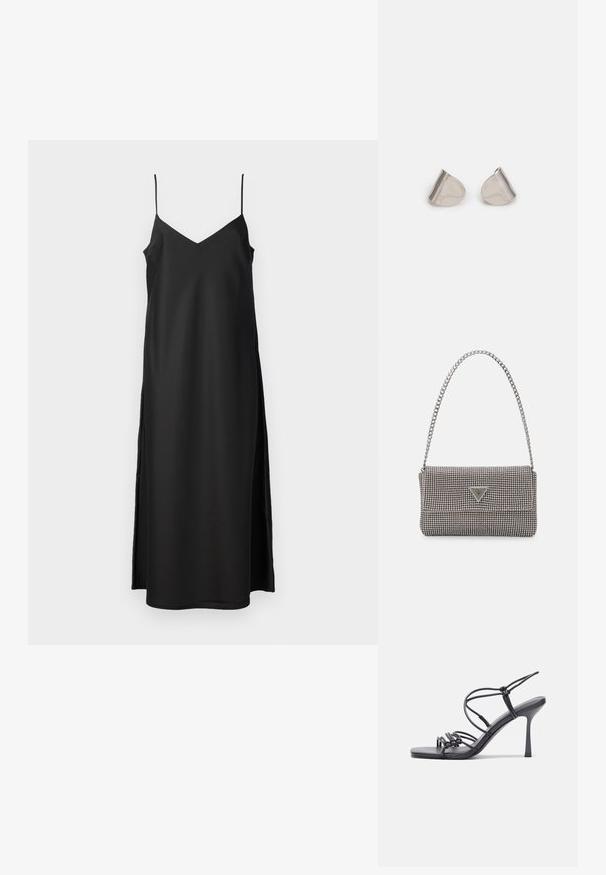 2nd Day ASTRALAS - Koktejlové šaty / šaty na párty - meteorite black; Černé high-heeled sandály mají tenké pásky s uzlovým designem, hladký čtvercový špičku a elegantní jehlový podpatek.; Světle šedá kovová kabelka s řetízkem, zdobená malými kulatými kovovými cvočky a trojúhelníkovým logem značky.; Stříbrné kovové náušnice s hladkým tvarem slzy a lesklým povrchem. Jemné rytiny přidávají detail. Minimalistický design.