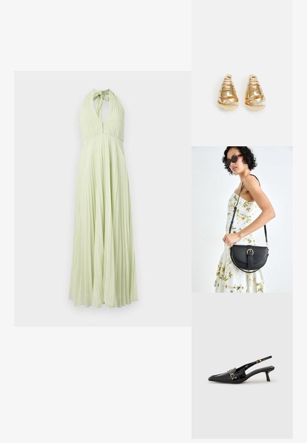 Halternek pleated kjole i lys grønn, med åpen rygg og tettsittende overdel som glir inn i en utsmurt skjørt. Glatt tekstur gjennom hele plagg.; Sorte spisse slingback hæle med krokodilletekstur, slank hæl og en dekorativ guldbucklesdetalje på remmen.; Svart lærveske med en buet form, avtagbar stropp og gullbeslag. Vesken har et klaff med spenne-detall.; Gullfargede øreringer formet som avlange kjegler med spiraldetaljer. Glatt overflate med reflekterende finish, med buede aksenter.