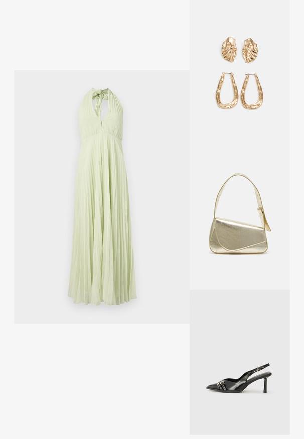Haljina s halter vratom, plisirana u svijetlozelenoj boji, s otvorenim leđima i prilagođenim korzetom koji prelazi u rašireni donji dio. Glatka tekstura kroz cijelu haljinu.; Crna lakirana slingback cipela s izduženim vrhom, remenčićima oko gležnja s srebrnim kopčama i dijelovima, te vitkim potplatom.; Zlatna metalna torba s uređenim dizajnom, glatkom teksturom i podesivim remenom. Ima jedinstven trokutasti oblik i minimalističko šivanje.; Naušnice zlatne boje s teksturiranim, valovitim oblicima. Uključuju skulpturalne kopče i dizajn otvorene kružnice s kovanom završnom obradom.