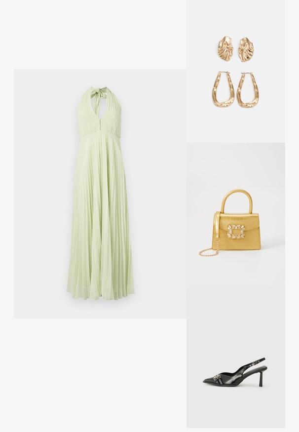 Robe plissée à col halter en vert clair, avec un dos ouvert et un corsage ajusté qui s'évase en une jupe évasée. Texture lisse sur toute la surface.; Chaussure slingback en cuir verni noir avec un embout pointu, des brides de cheville avec des boucles en argent et des éléments en métal, et un talon fin.; Sac à main en faux crocodile jaune avec un design structuré, une poignée supérieure, une bandoulière en chaîne amovible, et un ornement cristallin décoratif sur le fermoir.; Boucles d'oreilles dorées présentant des formes texturées et ondulées. Comprend des clips sculpturaux et un design de créoles ouvertes avec une finition martelée.