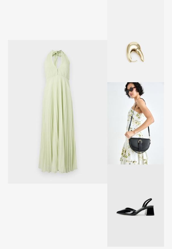 Halterneck pleated dress in light green, featuring an open back and a fitted bodice that flows into a flared skirt. Smooth texture throughout.; Black patent leather slingback heels with a pointed toe and a geometric block heel. Features a sleek, minimal design and smooth texture.; Black leather handbag with a curved shape, detachable strap, and gold hardware. The bag features a flap with a buckle detail.; Gold-tone metal earring with a sleek, curved design. Features a distinctive pointed shape, polished surface, and hinge closure.