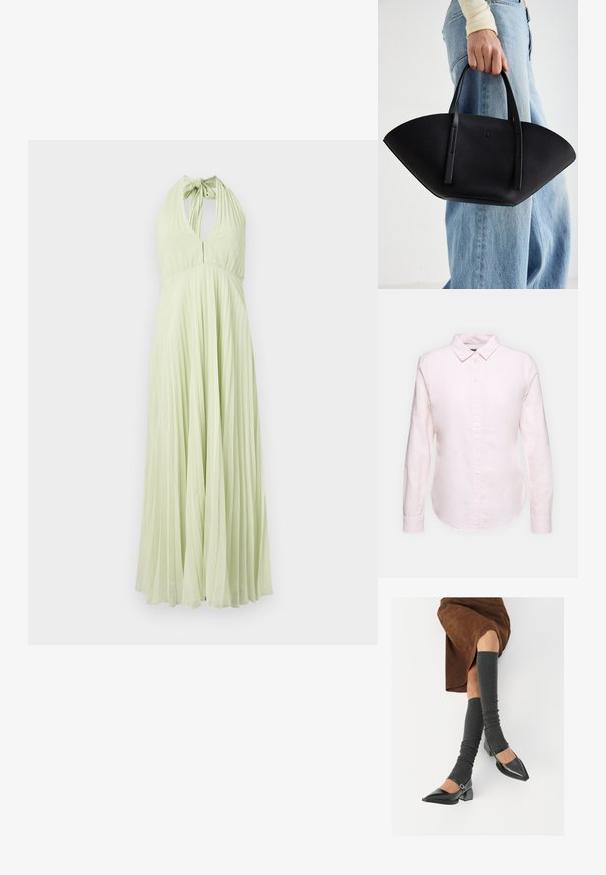 Halterneck plisseret kjole i lys grøn, med åben ryg og en tætsiddende brystdel, der flyder ud i en flagrende nederdel. Glat tekstur hele vejen igennem.; Lyserød langærmet skjorte med button-down krave, der har en lige kant og blød tekstur, lavet af letvægts bomuldsstof.; Sorte patenterede lædersko med spids tå, blokhæl og ankelrem, kombineret med grå ribbede benvarmere og en brun ruskinds nederdel.; Sort læderhåndtaske med en unik vifteform, der har flade håndtag. Overfladen har en pebblelignende tekstur og et minimalistisk design.