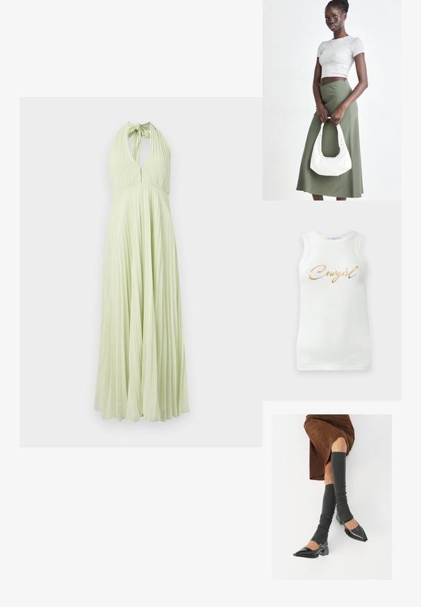 Robe plissée à col halter en vert clair, avec un dos ouvert et un corsage ajusté qui s'évase en une jupe évasée. Texture lisse sur toute la surface.; Débardeur blanc à côtes sans manches avec un texte doré en métal indiquant "Cowgirl" sur la poitrine, présenté sur un fond uni.; Chaussures à bout pointu en cuir verni noir avec un talon bloc et une bride à la cheville, accompagnées de jambières en maille grise et d'une jupe en daim marron.; Top court rayé gris et jupe taille haute verte olive. Le mannequin tient un sac à bandoulière blanc avec des découpes. Design simple, silhouette ajustée.