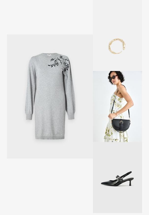 Object OBJTHESS - Sarafanas - light grey melange; Juodai lakuoti slingback aukštakulniai su smailiu kojų pirštu ir mažais blokiniais kulniukais, su sidabro sagtimi ant dirželio.; Juodas odinis krepšys su išlenkta forma, nuimamu dirželiu ir auksiniais detalėmis. Krepšys turi kilpą su sagtimi.; Auksinės spalvos žiedas, turintis organišką, sukimosi dizainą su lygiu paviršiumi ir siaurėjančiais galais, sukuriantis modernią skulptūrinę išvaizdą.