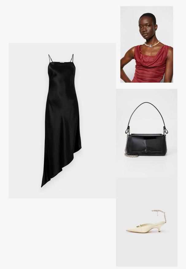 Melna satīna kleita ar plānām regulējamām siksnām, asimetrisku apakšmalu un gludu, šiku tekstūru. Vienkāršs dizains bez rakstiem vai akcentiem.; Krēma nokārtojošā papēža kurpe ar smailo purngalu, plānu priekšējo siksnu un rotājošo potītes siksniņu uz baltā fona.; Melnas lakotas ādas rokassomi ar taisnstūra formu, ķēdes siksnu un izteiksmīgu metāla aksesuāru centrā. Gluda tekstūra.; Dziļi sarkans kleitas ar kapuci, tam ir gluda tekstūra. Iezīmējas ar pērļu kaklarotu ar dekoratīvu sudraba akcentu centrā.