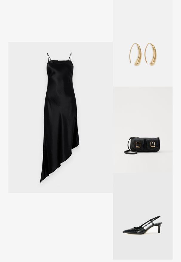 Fekete selyemruha vékony, állítható pántokkal, aszimmetrikus szegéllyel és sima, elegáns textúrával. Egyszerű kialakítás, minta vagy díszítés nélkül.; Fekete lakk slingback sarok, hegyes orral, texturált kígyómintával, állítható pánttal és rövid, texturált tömbsarkal.; Fekete bőr keresztbody táska két elülső zsebbel, arany csattokkal, cipzáras záródással és vékony pánttal. Textúrált felület és kompakt téglalap alak.; Aranyszínű fémből készült karika fülbevalók ívelt, hosszúkás formával. Simaságával és fényes felületével, valamint lekerekített végével további részletekkel bővül.