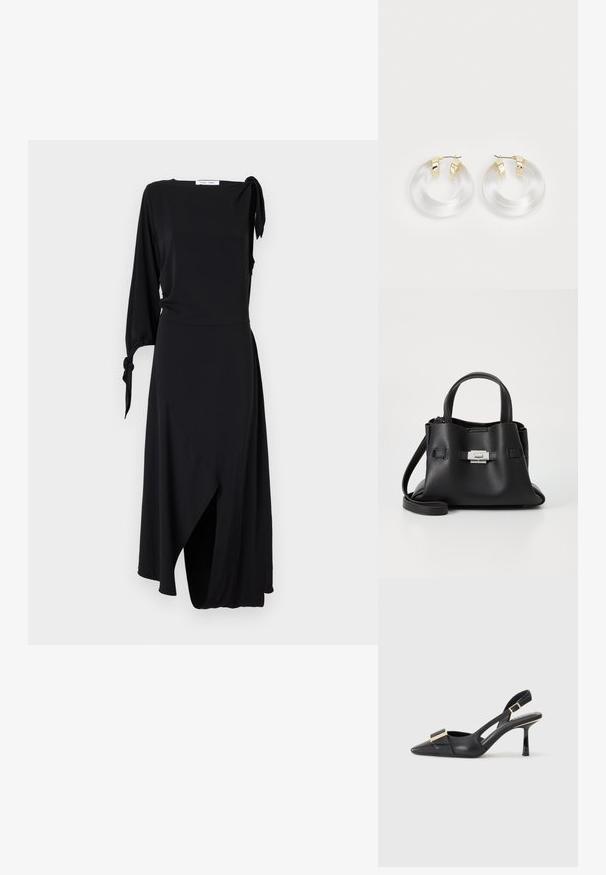 Juoda suknelė-wrap su viena ilga rankove ir mazgo detale ant peties. Turi asimetrišką apačią ir lygius audinio tekstūrą.; Juodas odinis batelis su atviru kulnu, smailiu pirštu, liekna kulniuku ir auksinės spalvos detalėmis ant batus. Lygus paviršius ir struktūrizuotas dizainas.; Juodas odinis rankinės su tekstūruota apdaila, turintis dvi viršutinės rankenos, nuimamą peties diržą ir sidabrinį užsegimą.; Skirtingai skaidrūs akrilo auskarai su auksinės spalvos metaliniais akcentais ir poliruotu finišu. Yra sklandus, apvalus dizainas.