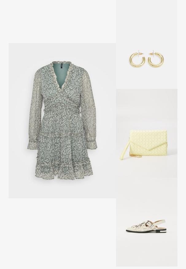 Grünes Kleid mit Blumenmuster, V-Ausschnitt, Rüschensaum, langen Ärmeln und schichtweisen Stufen, gefertigt aus leichtem, transparentem Stoff.; Slingback-Sandalen aus weißem Leder mit mehreren breiten Riemen und silbernen Schnallen; flache Sohle mit kleinem schwarzem Absatz und metallischen Akzenten.; Gelbe gewebte Clutch-Geldbörse mit Klappen-Design, abnehmbarem Handgelenkriemen und goldener Kettenakzent. Glatte Textur und rechteckige Form.; Goldene Creolen mit einer glatten, glänzenden Oberfläche. Zirkuläres Design mit einem kleinen Stecker und einer klaren Rückseite für einen sicheren Sitz.