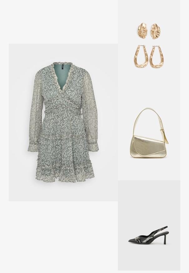 Zelené kvetinové šaty s výstrihom do V, riaseným lemom, dlhými rukávmi a viacerými vrstvami, vyrobené z ľahkej, priesvitnej látky.; Čierne lakované kožené slingback topánky s špicatou špičkou, remienkami okolo členku s striebornými prackami a hardvérom, a štíhlým podpätkom.; Zlatá metalická kabelka so štruktúrovaným dizajnom, hladkou textúrou a nastaviteľným popruhom. Obsahuje jedinečný trojuholníkový tvar a minimalistické šitie.; Náušnice v zlatej farbe s textúrovanými, vlnitými tvarmi. Obsahujú sochárske klipsové náušnice a otvorený tvar krúžku s kladivkovým povrchom.