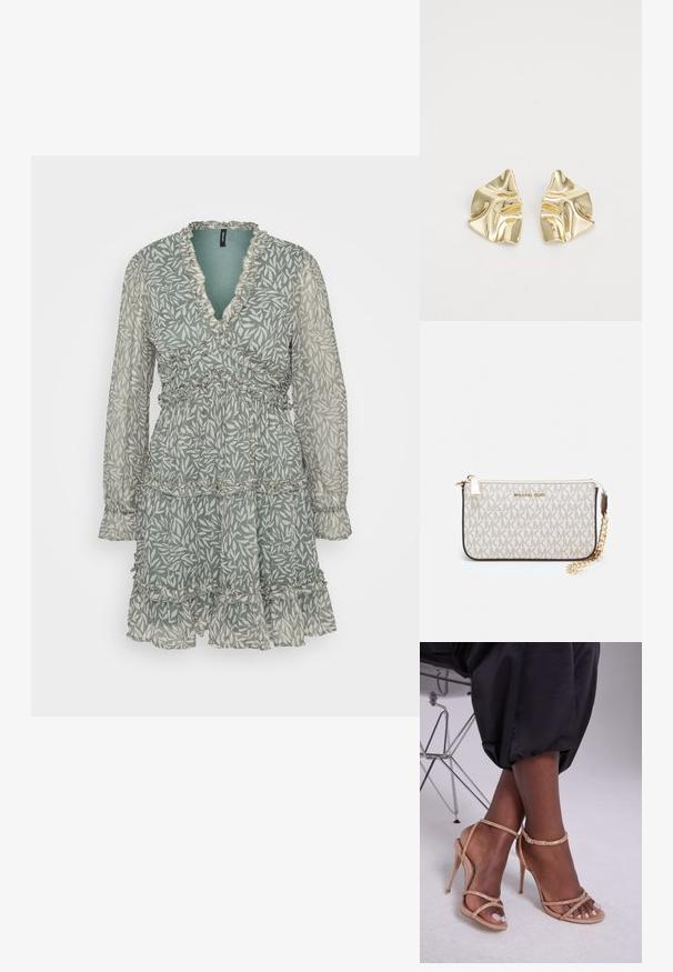 Rochie cu model floral verde, cu decolteu în V, margine cu volane, mâneci lungi și straturi suprapuse, realizată dintr-o țesătură ușoară și transparentă.; Sandale cu toc bej, decorate cu cristale, având vârf deschis, bretele subțiri și un siluetă elegantă.; Clutch Michael Kors din canva acoperit bej, cu un model repetitiv al logo-ului MK, accesorii din aur și o curea cu lanț detașabil.; Cercei metalici aurii cu un design ondulat; suprafață netedă și reflectorizantă; formă asimetrică; fără modele sau accesorii vizibile.