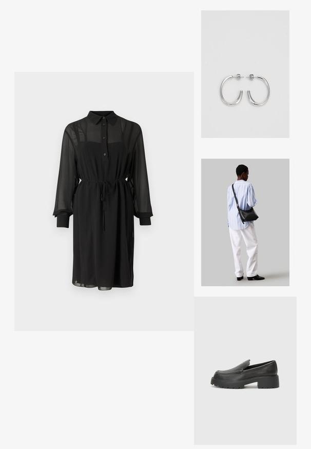 Juoda marškinių suknelė iš permatomo audinio, su mygtukais priekyje, apykakle ir juosmens raišteliu. Ilgos rankovės su juodais labainukais.; Juodi odiniai loaferiai su apvaliu pirštu, storu tekstūruotu padu ir minimaliu siūlių dekoru. Išskirtinis dizainas be matomų raištelių ar furnitūros.; Juodas odinis petinis krepšys su minkšta tekstūra, trikampiu pavidalu ir reguliuojama juosta, derinamas su šviesiai mėlynu dryžuotu marškinėliu ir baltais džinsais.; Sidabrinės auskarai žiedai su lygiu, blizgiu paviršiumi. Suapvalinta forma, lengvas dizainas, su uždarymu ant smeigtuko.