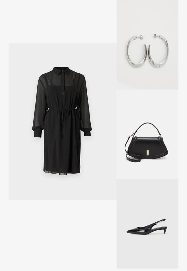 Mustassa t-paitamekossa on läpinäkyvää kangasta, jossa on napitus edessä, kaulus ja nauhavyötärö. Pitkät hihat mustilla hihoilla.; Mustat nahkaiset slingback-korkokengät, joissa on terävä kärki, ohuet korot ja kultasävytteinen yksityiskohta säädettävässä hihnassa. Silkkinen pinta.; Mustalla nahkalaukulla, jossa on jämäkkä muotoilu, lyhyt malli, yläkahva ja kultaiset yksityiskohdat. Säädettävä olkahihna sisältyy.; Hope hopeista, joissa on sileä, kaareva muotoilu. Varustettu kiiltävällä metallipinnoitteella ja nappikiinnityksellä. Ei näkyviä kuvioita tai koristeluja.