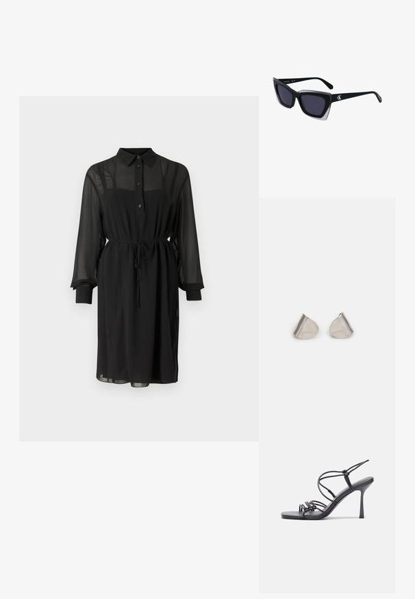 Crna haljina od prozirnog materijala, s dugim rukavima i crnim manžetama, s kopčanjem na gumbe sprijeda, ovratnikom i remenom oko struka.; Crne sandale na visokoj potpetici imaju tanke trake s čvorastim dizajnom, glatki kvadratni vrh i elegantnu stiletto petu.; Crne oversize sunčane naočale geometrijskog oblika, s tamnim staklima i kontrastnom sivom dekoracijom na okviru. Logo na dršci.; Srebrne metalne naušnice s glatkim, oblikom suze i poliranim završetkom. Suptilni utori dodaju detalje. Minimalistički dizajn.