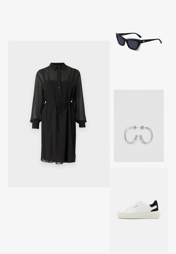 Mustassa t-paitamekossa on läpinäkyvää kangasta, jossa on napitus edessä, kaulus ja nauhavyötärö. Pitkät hihat mustilla hihoilla.; Valkoiset nahkakengät paksulla valkoisella pohjalla, mustalla mokkanahkaosuudella kannassa ja kohokuvioitu logo sivulla. Nauhakeskitys kuudella reiällä.; Mustat ylisuuret aurinkolasit, joissa on geometrinen muoto, tummat linssit ja kehykseen erottuva harmaa yksityiskohta. Logo varressa.; Hopehopeet hopehopeet hopehopeet hopehopeet, jolla on sileä, kiiltävä pinta. Pyöreä muoto, kevyt rakenne, jossa on neulakiinnitys.