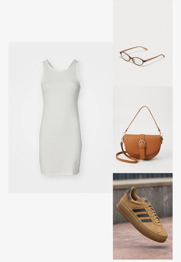 Balta, be rankovių suknelė, pagaminta iš tekstūruoto audinio. Turi apvalų iškirpimą ir prigludusią siluetą, siekiančią virš kelių.; Šviesiai rudi zomšiniai sportbačiai su lygiu paviršiumi, turintys tris tamsias juostas, apvalų nosį ir storesnį padu su raštuota briauna.; Rudos aukso dėklai su ovaliais lęšiais, plonomis kojelėmis ir skaidriais akcentais. Ant šventyklos yra subtilus logotipas. Plonas, lengvas dizainas.; Ruda odinė kryžminė rankinė, turinti kreivą formą, auksinius metalinius elementus ir sagtį. Yra nuimama petneša.