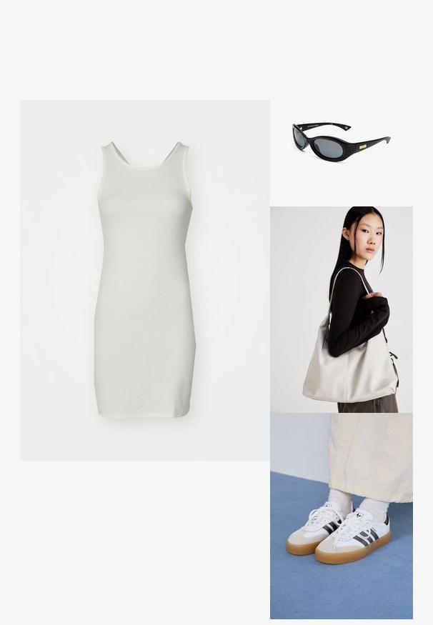 Biele bezramenné šaty vyrobené z textúrovanej tkaniny. Majú okrúhly výstrih a priliehavý strih, ktorý končí nad kolenami.; Biele tenisky s čiernymi pruhmi a béžovými semišovými detailmi. Majú textúrovanú gumovú podrážku a ploché biele šnúrky, kombinované s svetlými ponožkami.; Čierne slnečné okuliare s ovalnými šošovkami, matným rámom a zlatým akcentom na spánkoch. Tmavošedé šošovky poskytujú UV ochranu.; Béžová kabelka vyrobená z mäkkého materiálu, s uvoľneným dizajnom, prišitými detailmi a dvoma popruhmi na nosenie na pleciach. Vhodná na každodenné nosenie.