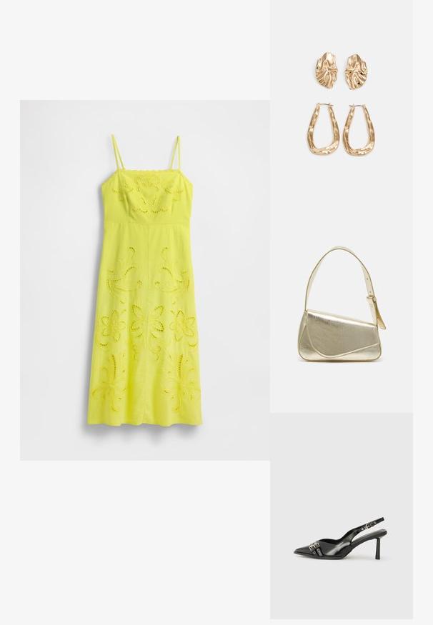 Yellow cotton dress with spaghetti straps, featuring intricate floral cut-out patterns, and a straight silhouette.; Black patent leather slingback shoe with pointed toe, ankle straps featuring silver buckles and hardware, and a slender heel.; Gold metallic handbag with a structured design, smooth texture, and adjustable strap. Features a unique triangular shape and minimalist stitching.; Gold-tone earrings featuring textured, wavy shapes. Includes sculptural clip-on studs and open hoop design with a hammered finish.